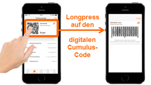 Longpress auf den digitalen Cumulus-Code